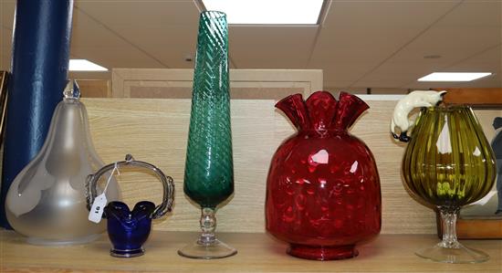 A cranberry glass shade and four other items shade 33cm